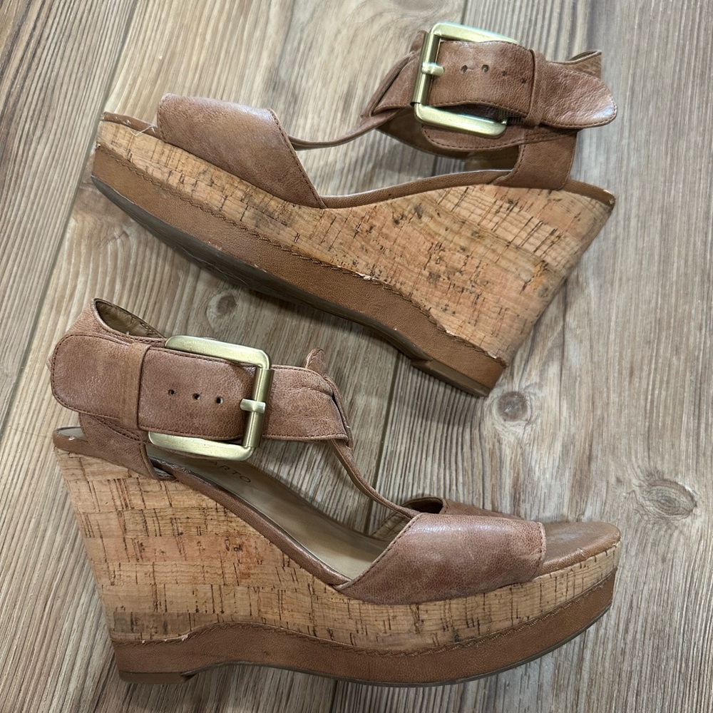 Franco Sarto Cognac Brown Leather Cork Wedge Sandals